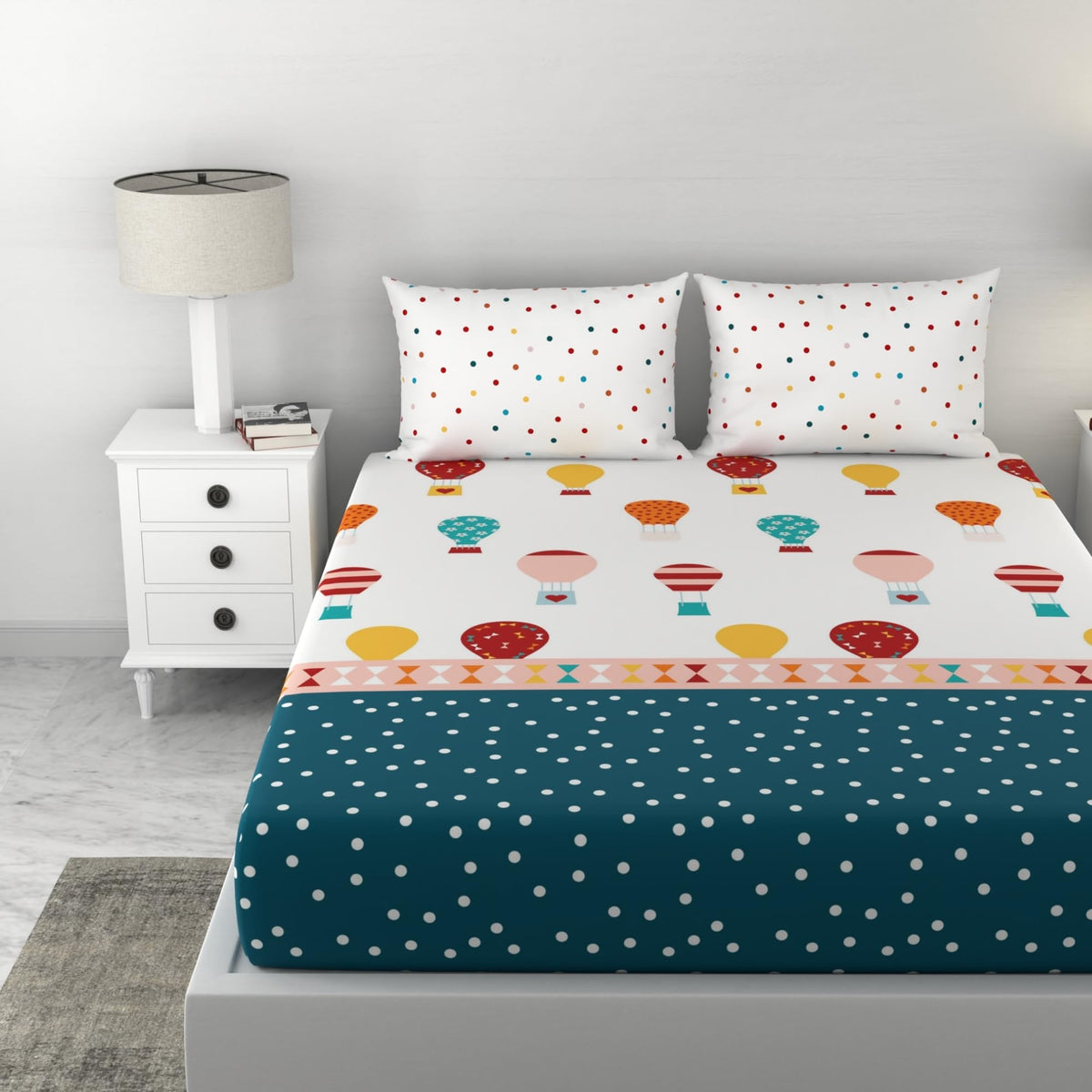 Loreto Cotton Double Bedsheet | Red and Blue Hot Air Balloon