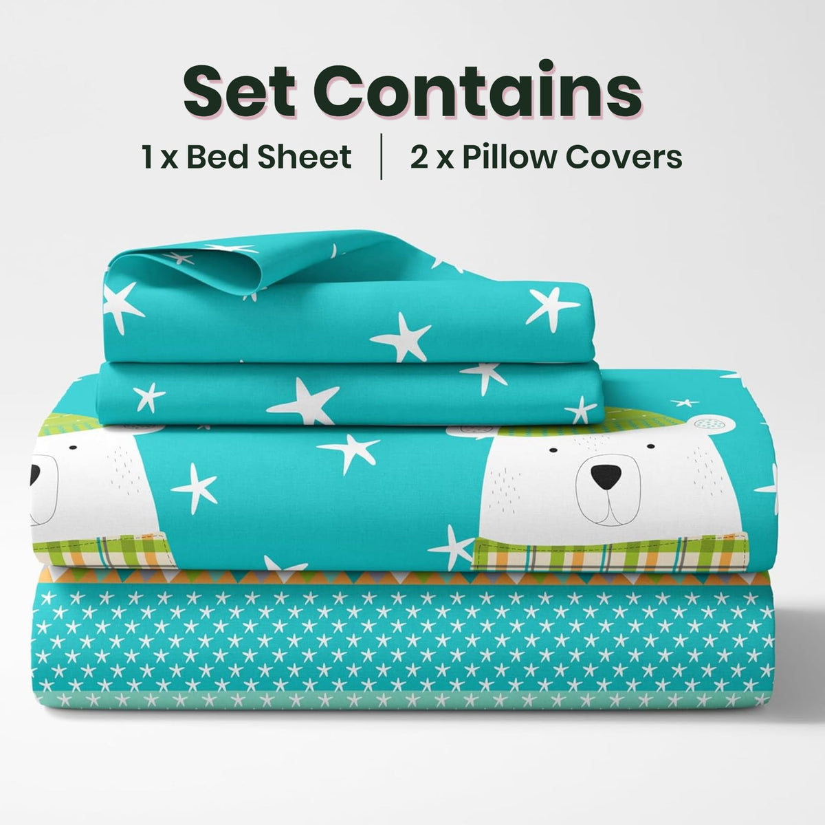 Aqua Teal Cozy Polar Bear 186 TC Cotton Double Bedsheet, 90 x 90 Inches -  Soft Percale Weave with 2 Pillow Covers, Durable & Breathable