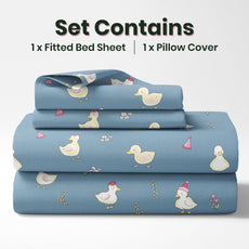 Pastel Blue Duck Party 100% Cotton Elastic Fitted Bedsheet for Single Bed with 1 Pillow Cover | Soft & Breathable | 78 x 36 Inch, 144 TC