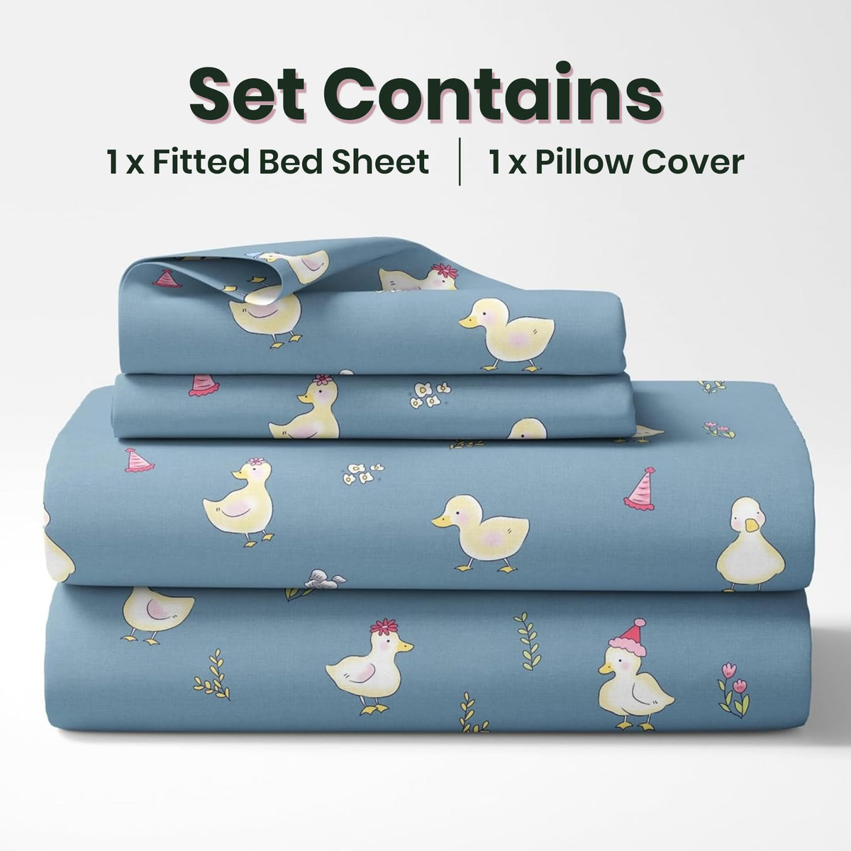 Pastel Blue Duck Party 100% Cotton Elastic Fitted Bedsheet for Single Bed with 1 Pillow Cover | Soft & Breathable | 78 x 36 Inch, 144 TC