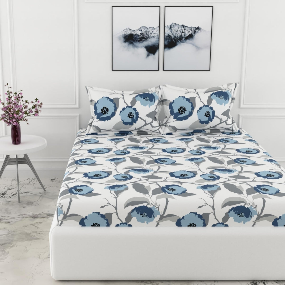 Loreto Navy Floral King Fitted Bedsheet | 210 TC | 100% Cotton | Fits 78 x 72 Inches | 8 Inch Pocket - main product image