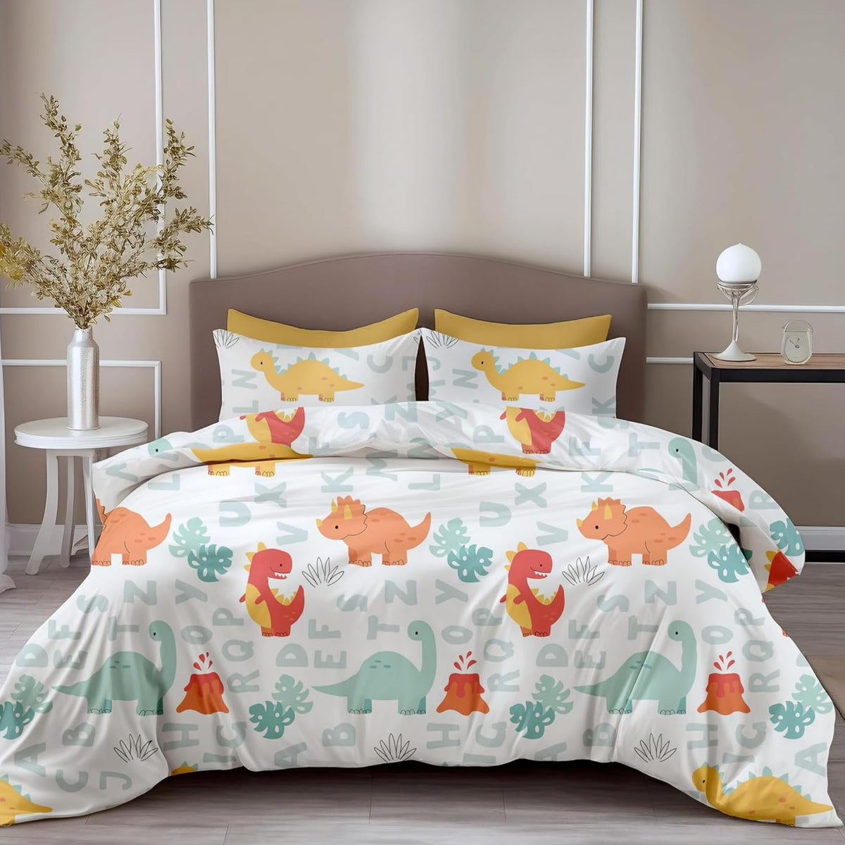 Loreto Cotton Double Bedsheet | Orange & Mint Alphabet Dino Play Soft & Breathable