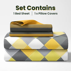 Yellow & Grey Checkered 100% Cotton Flat Single Bedsheet, 144 TC