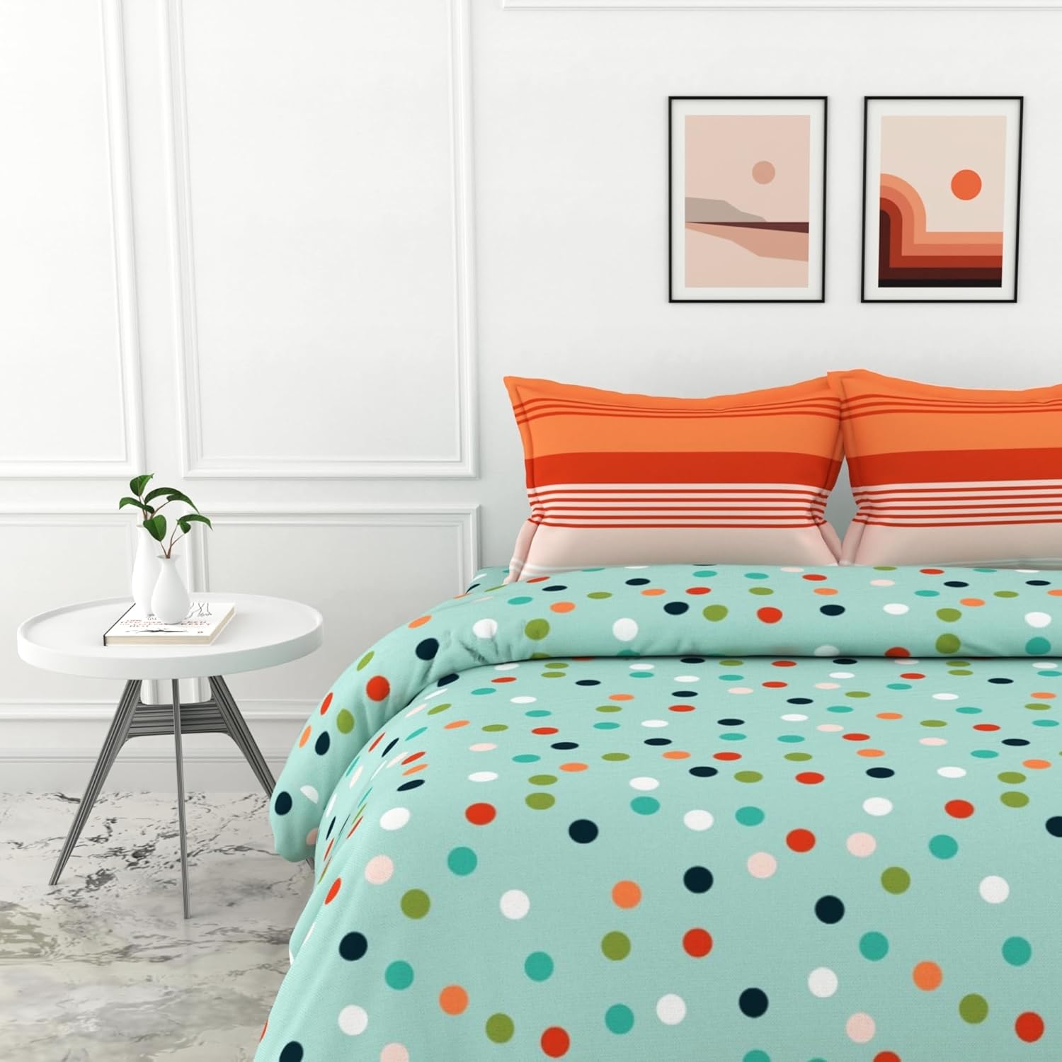 Sea Green and Red Polka 100% Cotton Flat Double Bedsheet, 144 TC