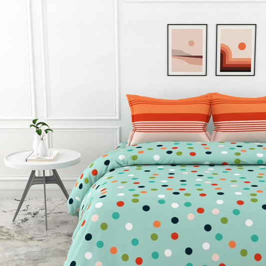 Sea Green and Red Polka 100% Cotton Flat Double Bedsheet, 144 TC