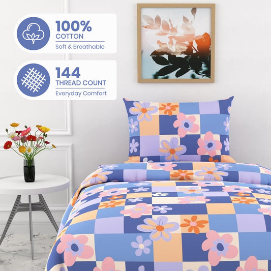 Pastel Floral Checkered Soft & Breathable 100% Cotton Flat Single Bedsheet, 144 TC