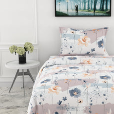 Blue & Peach Single Bedsheet - 210 TC 100% Cotton with 1 Pillow Cover (58 x 88 Inches)