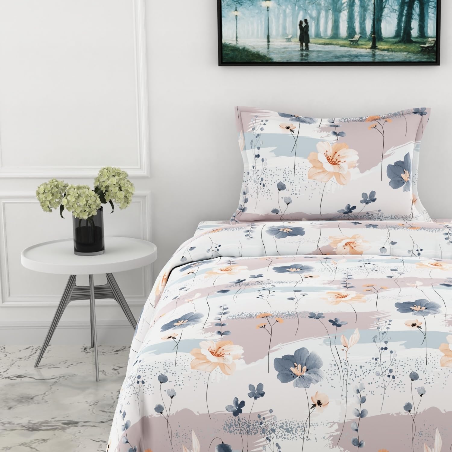 Blue & Peach Single Bedsheet - 210 TC 100% Cotton with 1 Pillow Cover (58 x 88 Inches)