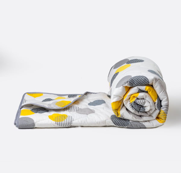 Loreto Cotton Single Comforter | Grey & Yellow Polka Dots