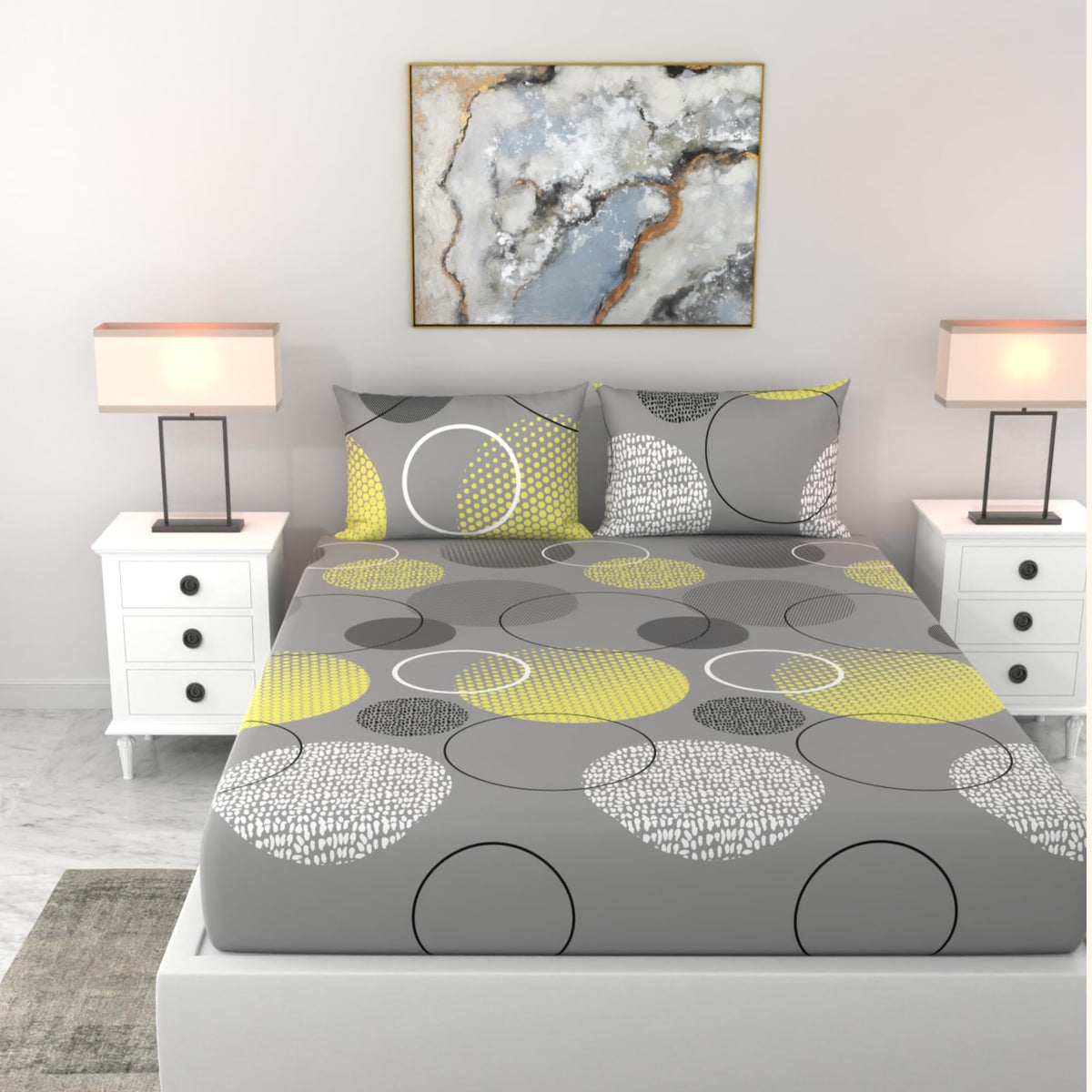 Loreto Grey & Yellow Geometric King Fitted Bedsheet | 100% Cotton | Fits 72 x 72 Inches | 8 Inch Pocket - main product image