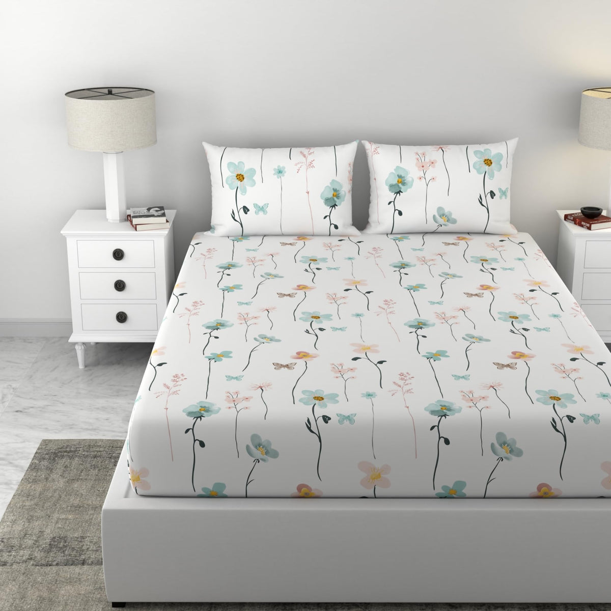 Loreto White Teal Floral Vines Double Fitted Bedsheet | 144 TC | 100% Cotton | Fits 78 x 60 Inches | 8 Inch Pocket - main product image