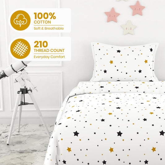 Black & Gold Stars Single Bedsheet - 210 TC 100% Cotton with 1 Pillow Cover (58 x 88 Inches)