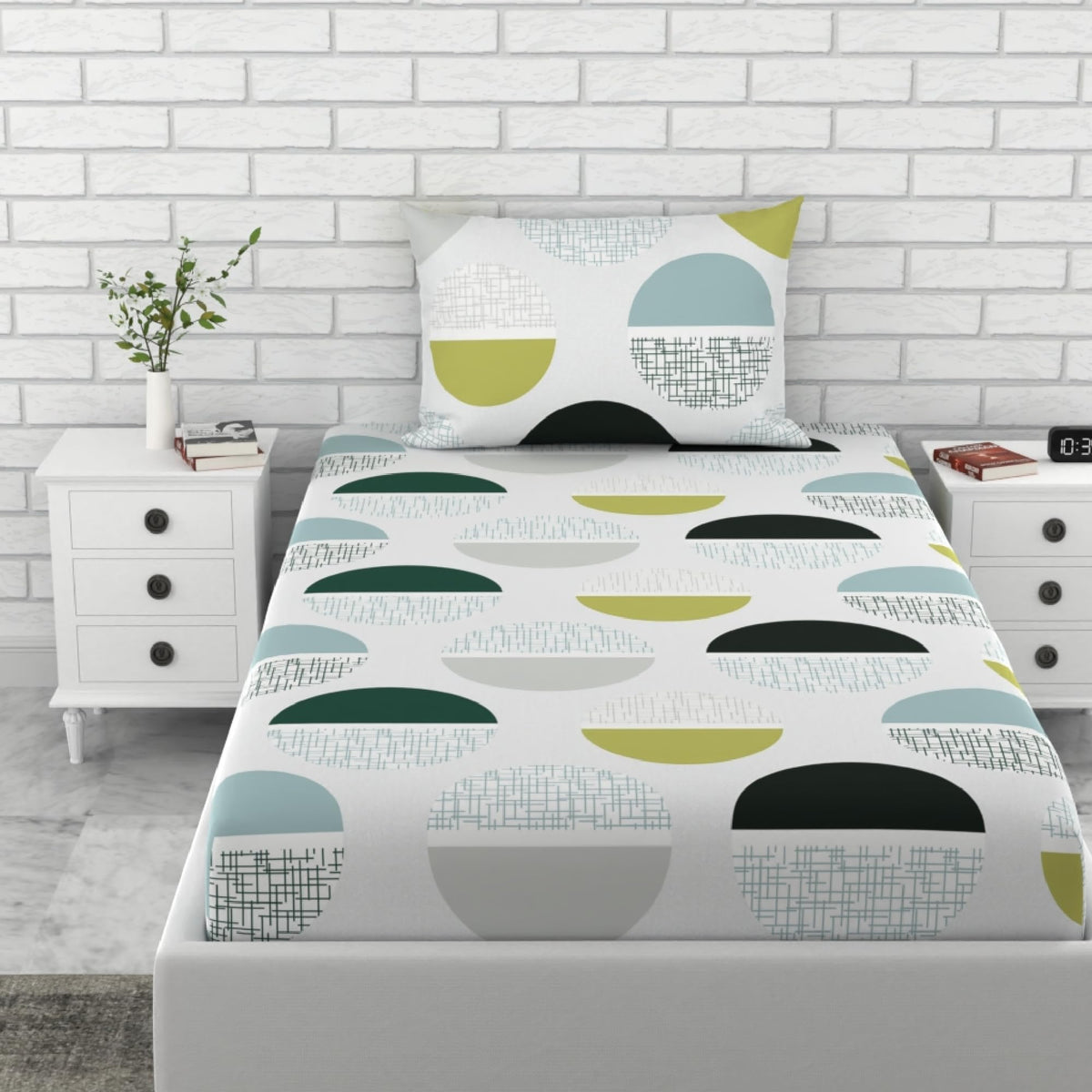 Loreto Cotton Single Fitted Bedsheet | Charcoal Grey & Mustard Yellow Modern Geometric