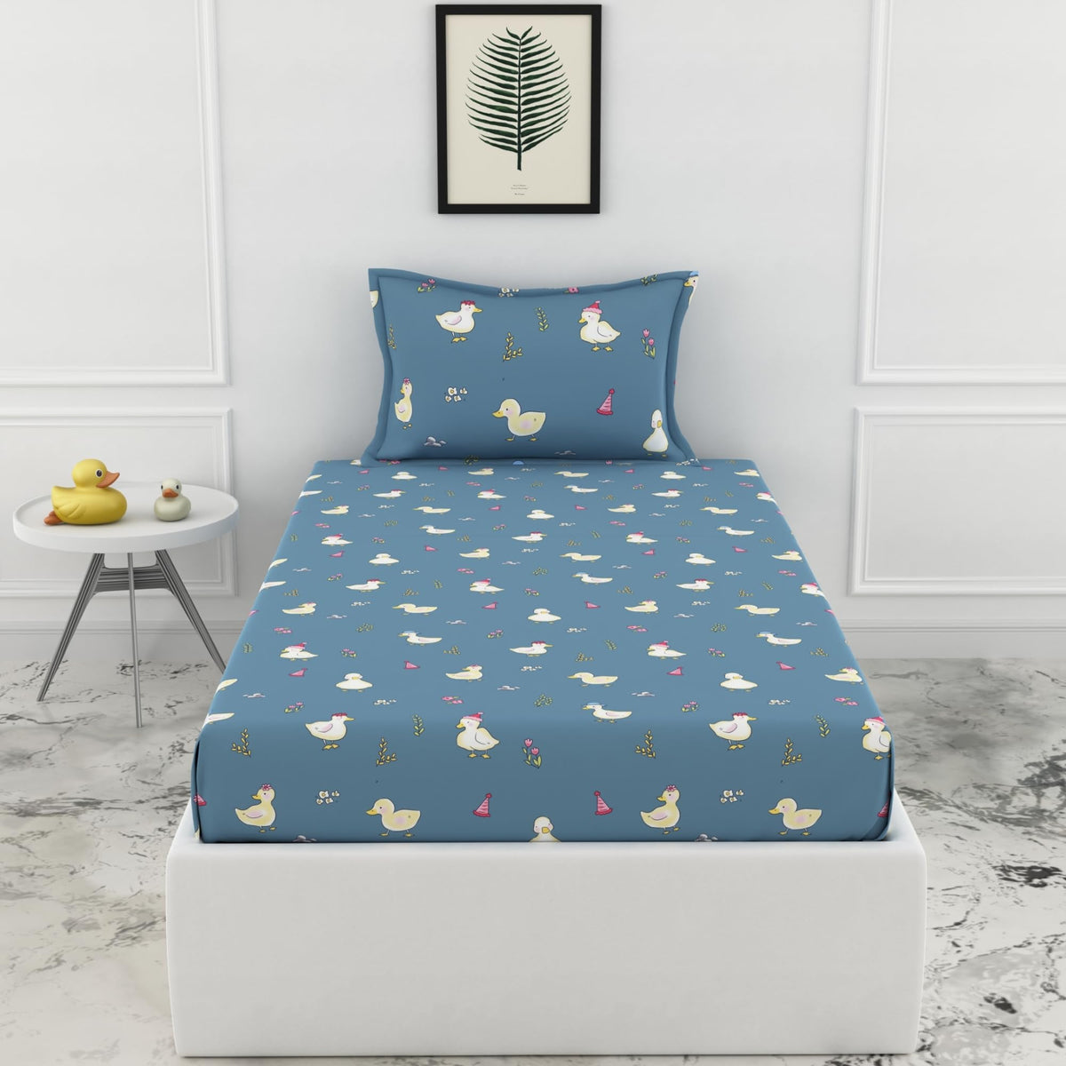 Loreto Pastel Blue Duck Party Single Fitted Bedsheet | 144 TC | 100% Cotton | Fits 72 x 36 Inches | 8 Inch Pocket - main product image