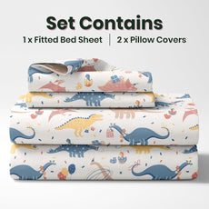 Coral Blue Dino Party 100% Cotton Double Fitted Bedsheet with 2 Pillow Covers, 144 TC, 78 x 60 Inches