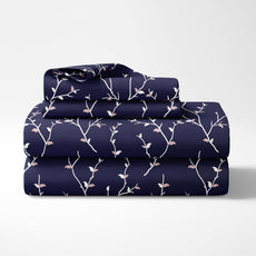 Navy Moonlight Blue Floral 100% Cotton Flat Double Bedsheet, 186 TC