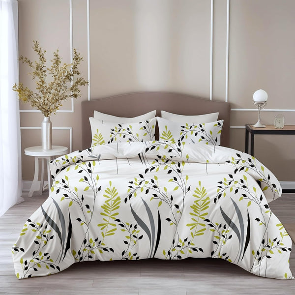 Loreto Cotton King Fitted Bedsheet | Olive & Charcoal Leaf 186 TC Cotton for Size Bed with 2 Covers - Deep Pocket Elastic, 78 x 72 Inches