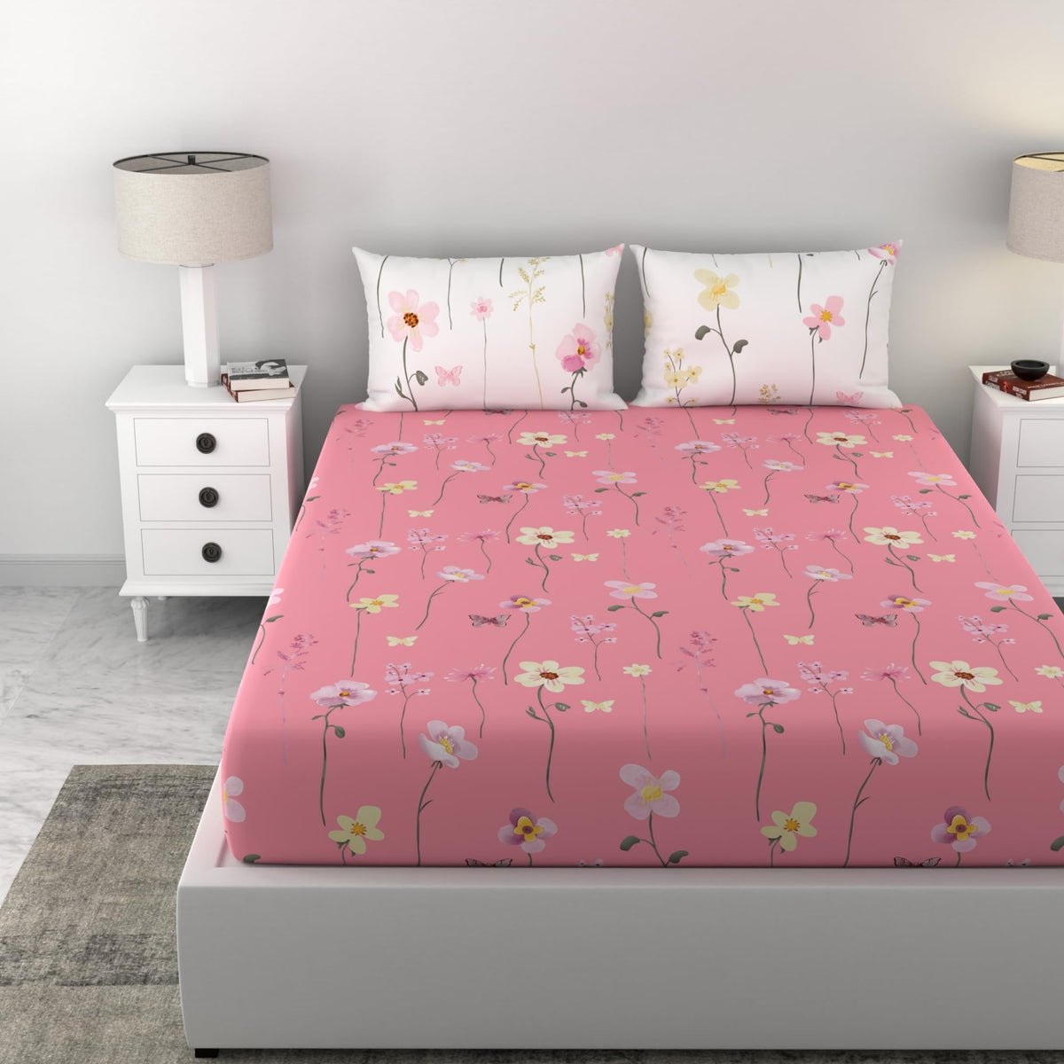 Loreto Pink Floral Blooms & Floral Vines King Fitted Bedsheet | 144 TC | 100% Cotton | Fits 78 x 72 Inches | 8 Inch Pocket - main product image
