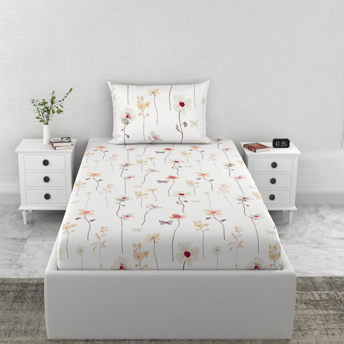 Loreto White Khaki Floral Vines Single Fitted Bedsheet | 144 TC | 100% Cotton | Fits 78 x 36 Inches | 8 Inch Pocket - main product image