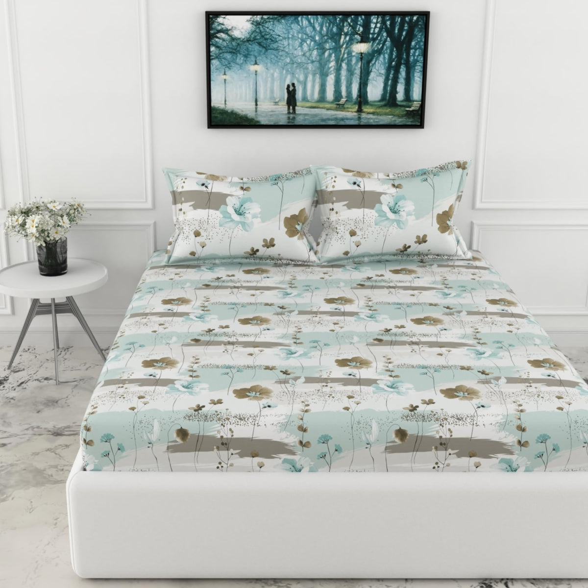 Loreto Light Green & Beige Double Fitted Bedsheet | 210 TC | 100% Cotton | Fits 78 x 60 Inches | 8 Inch Pocket - main product image