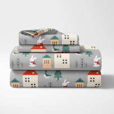 Warm Grey Winter Village Bunny 186 TC Cotton Double Bedsheet, 90 x 90 Inches - Soft Percale Weave with 2 Pillow Covers, Durable & Breathable
