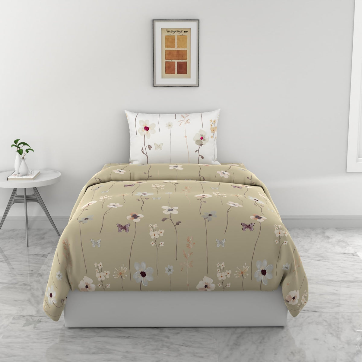 Loreto Khaki Floral Blooms & Floral Vines Single Bedsheet | 144 TC | 100% Cotton | 54 x 84 Inches - main product image