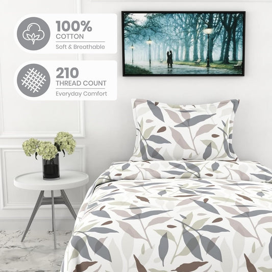Grey Leaf Whisper Single Bedsheet - 210 TC 100% Cotton with 1 Pillow Cover (58 x 88 Inches)