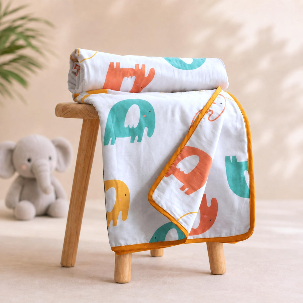 Loreto Coral Green Elephants Double Cotton Dohar | Lightweight AC Blanket | 88 x 88 Inches - main product image