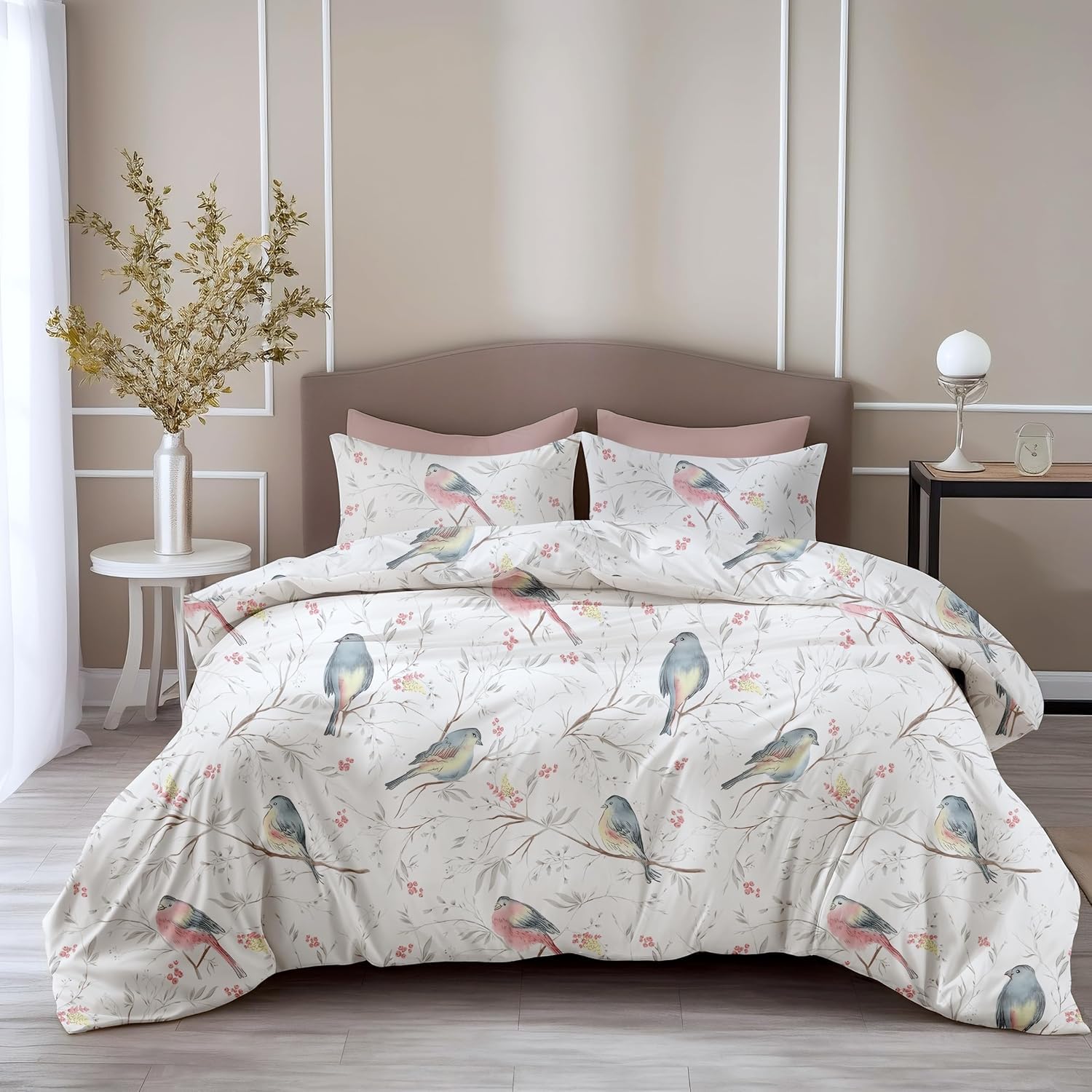 Blush Pink & Blue Bird 186 TC Cotton Fitted King Size Bedsheet with 2 Pillow Covers - 78 x 72 Inches | Soft, Breathable & All-Around Elastic
