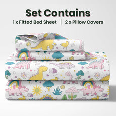 Rainbow Dino Fun & Deep Blue Olive Waves 100% Cotton Double Fitted Bedsheet with 2 Pillow Covers, 144 TC, 78 x 60 Inches