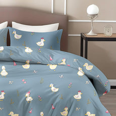Pastel Blue Duck Party 100% Cotton King Size Bedsheet with 2 Pillow Covers, 144 TC, 104 x 104 Inches