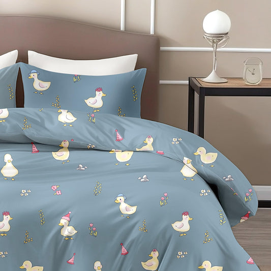 Pastel Blue Duck Party 100% Cotton King Size Bedsheet with 2 Pillow Covers, 144 TC, 104 x 104 Inches
