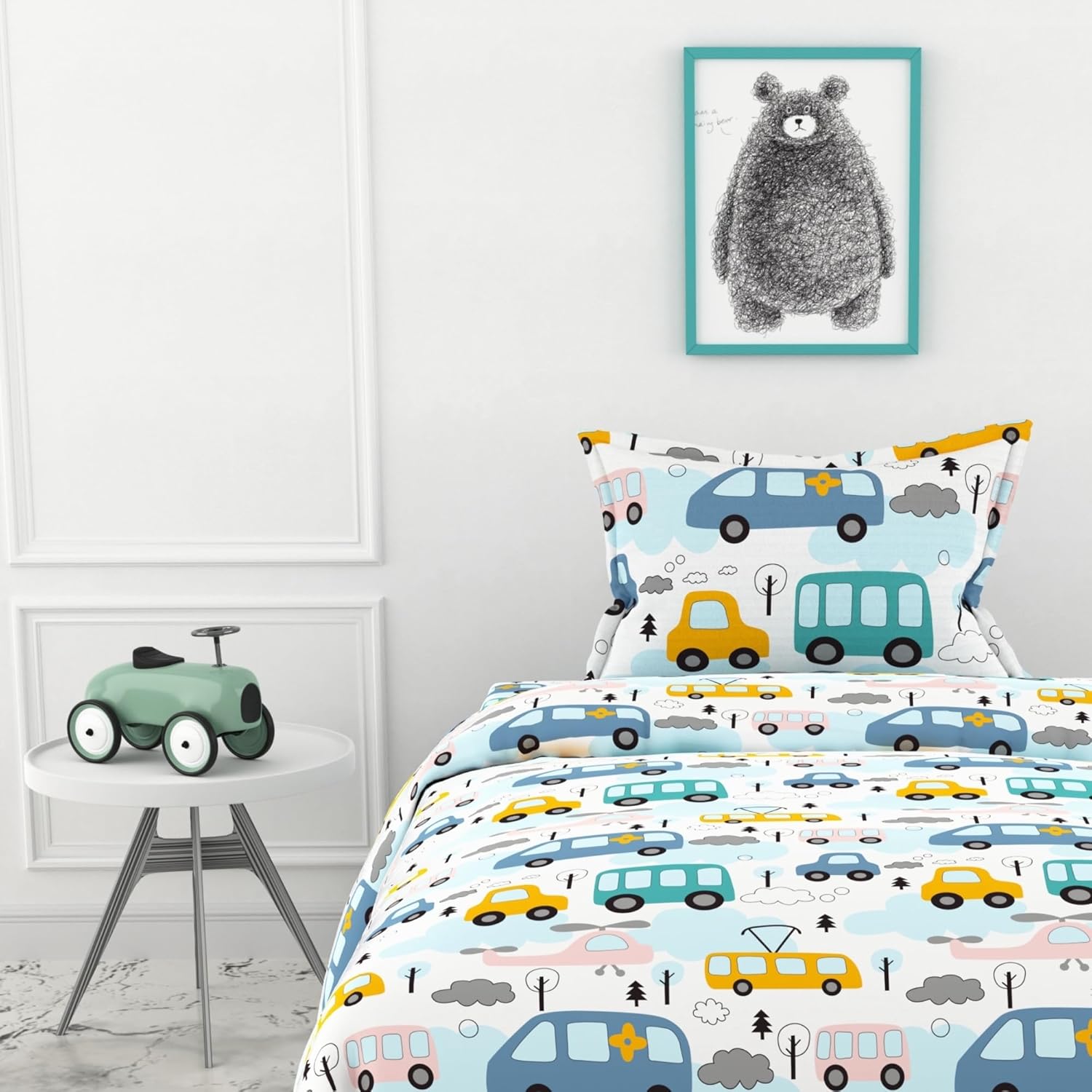 Bubblegum Blue Bus & Banana Yellow Cars 100% Cotton Flat Single Bedsheet, 144 TC