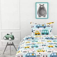 Bubblegum Blue Bus & Banana Yellow Cars 100% Cotton Flat Single Bedsheet, 144 TC