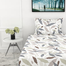 Grey Leaf Whisper Single Bedsheet - 210 TC 100% Cotton with 1 Pillow Cover (58 x 88 Inches)