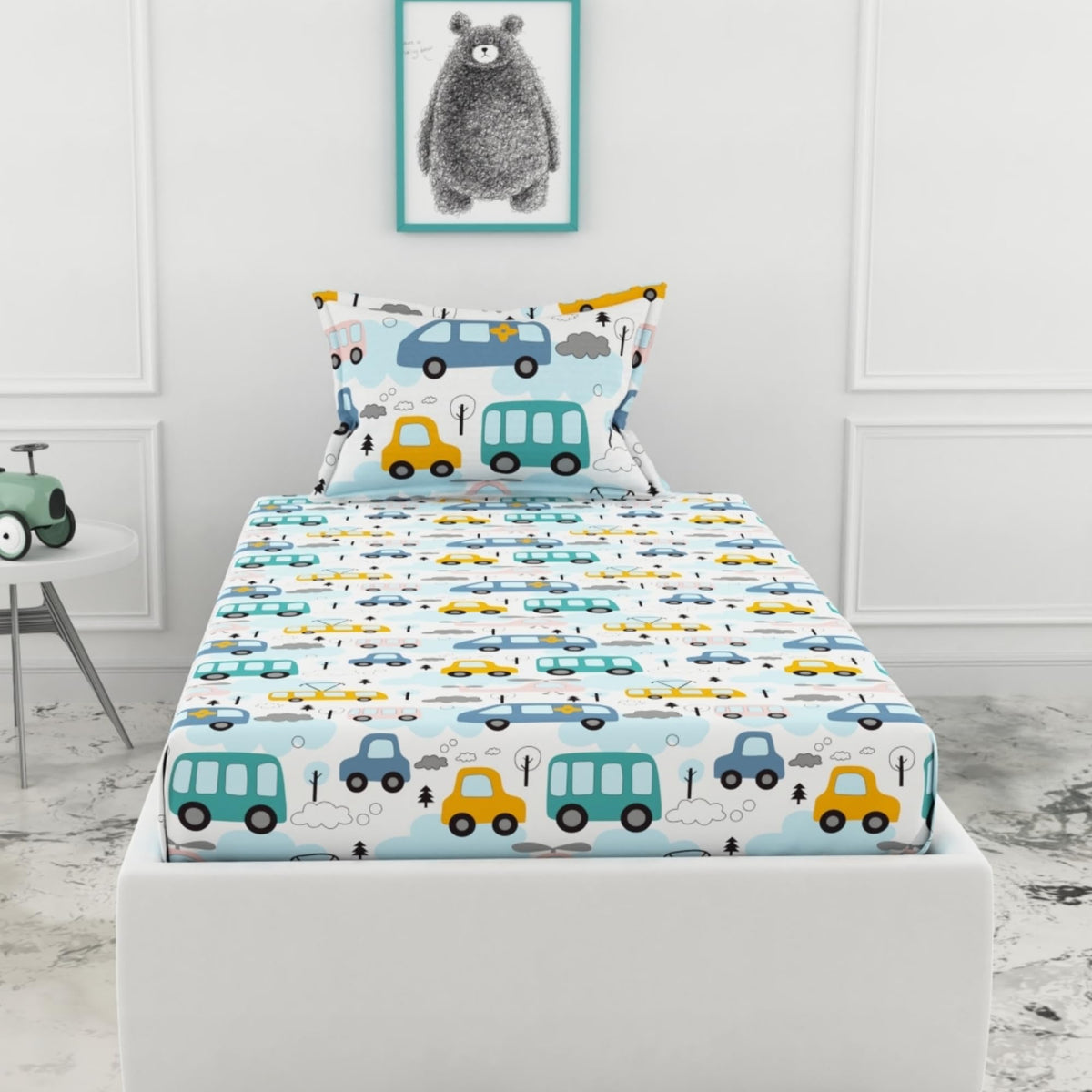 Loreto Cotton Single Fitted Bedsheet | Bubblegum Blue Bus & Banana Yellow Cars