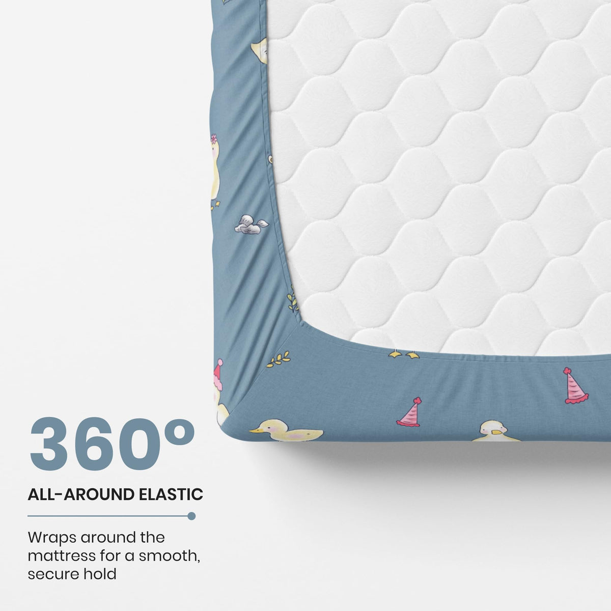 Pastel Blue Duck Party 100% Cotton King Size Fitted Bedsheet with 2 Pillow Covers, 144 TC, 78 x 72 Inches