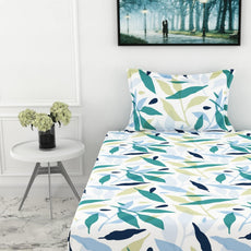 Green Leaf Whisper Single Bedsheet - 210 TC 100% Cotton with 1 Pillow Cover (58 x 88 Inches)