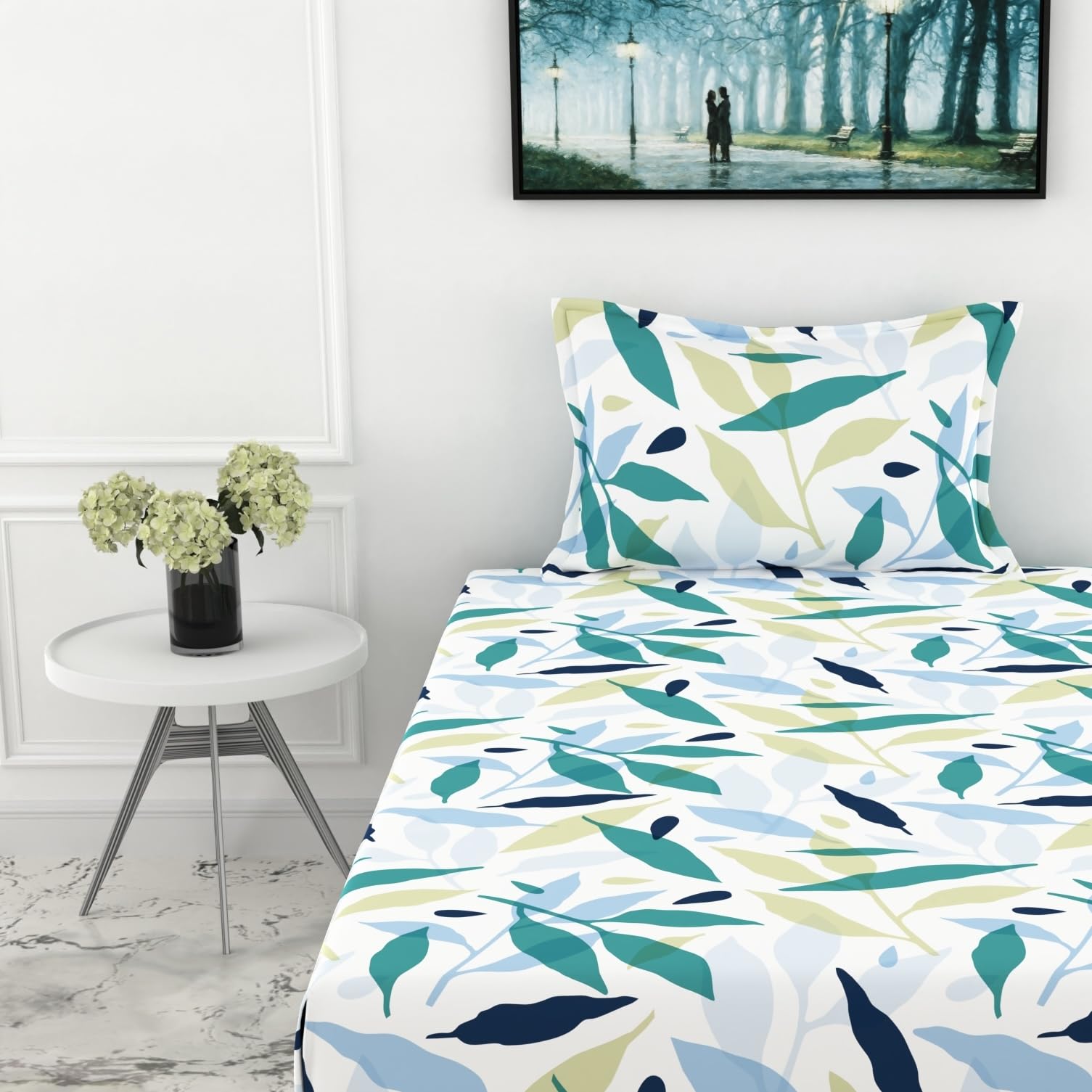 Green Leaf Whisper Single Bedsheet - 210 TC 100% Cotton with 1 Pillow Cover (58 x 88 Inches)