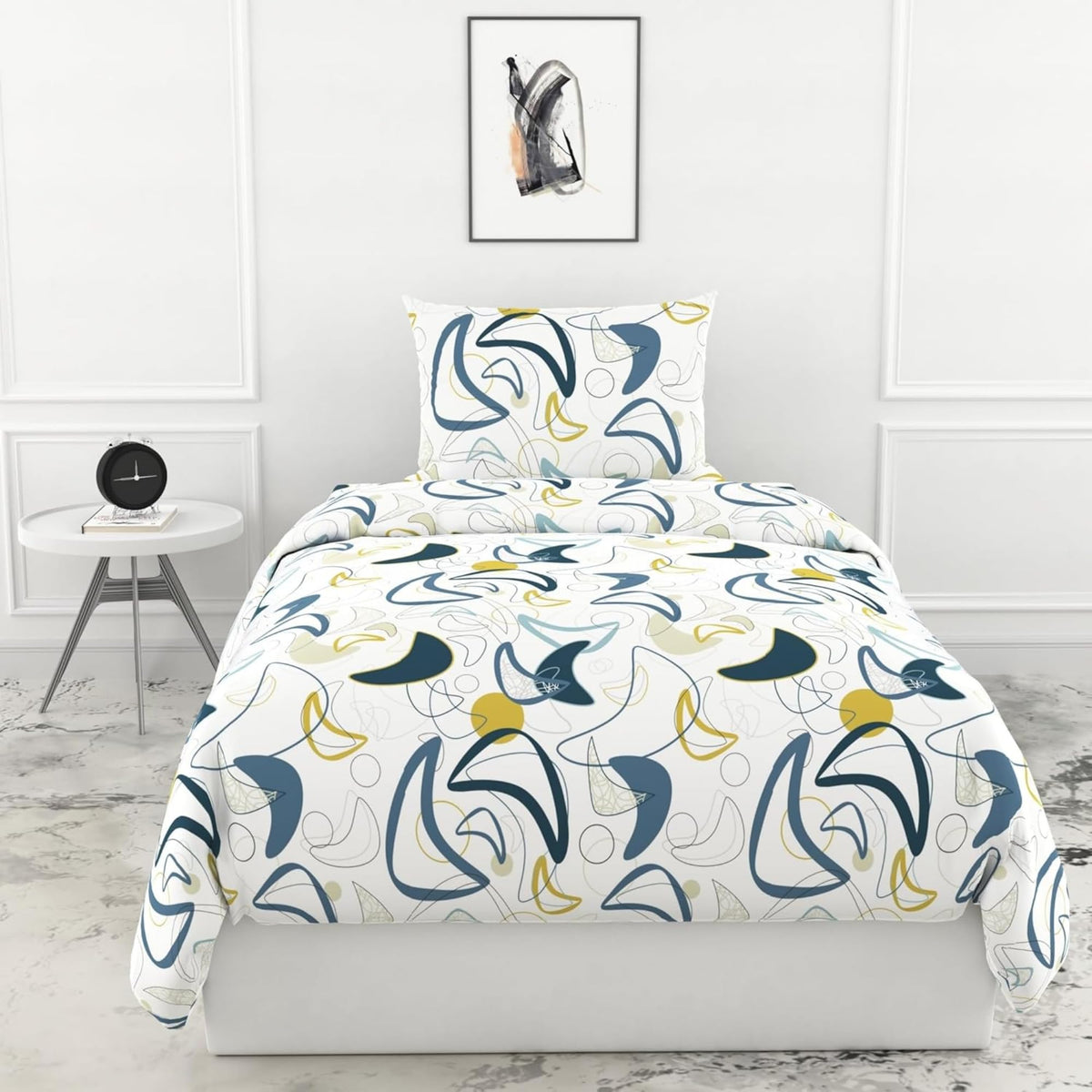 Loreto Cotton Single Bedsheet | Deep Blue & Olive Abstract Waves Soft & Breathable