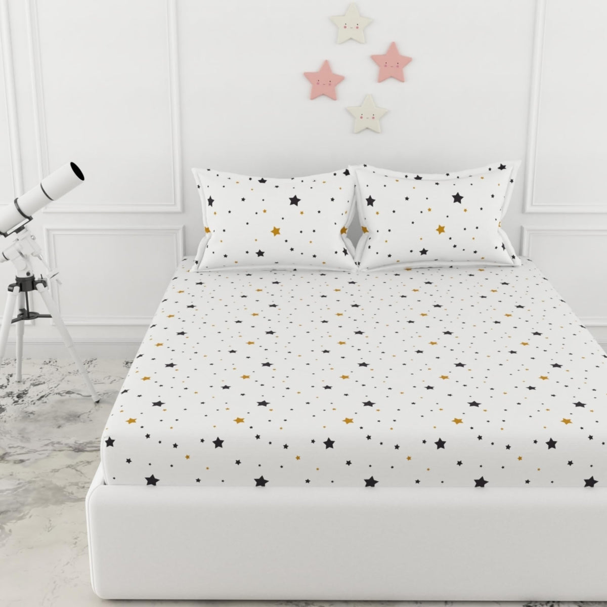 Loreto Black & Gold Stars Double Fitted Bedsheet | 210 TC | 100% Cotton | Fits 78 x 60 Inches | 8 Inch Pocket - main product image