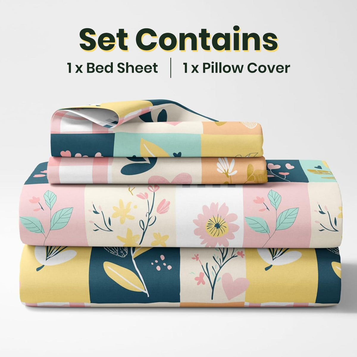 Pastel Garden 100% Cotton Single Bed Bedsheet with Pillow Cover | 186 TC Percale Weave | Soft, Durable & Breathable Flat Sheet 58 x 88 Inches