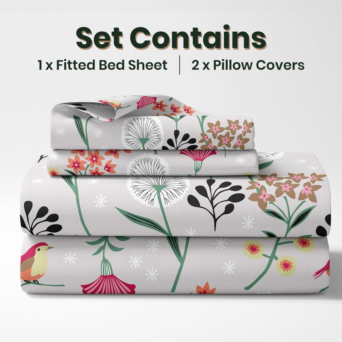 Lavender Grey Spring Harmony King Fitted Bedsheet - 100% Cotton with 2 Pillow Covers (78 x 72 Inches + 8 Inch Pocket)
