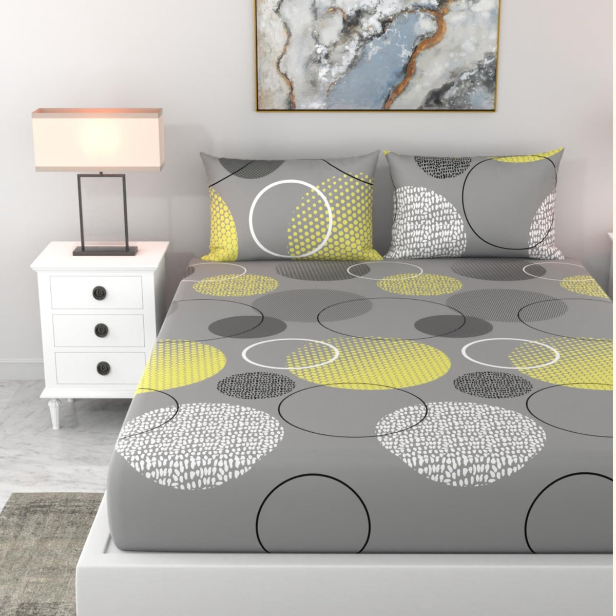 Loreto Grey & Yellow Geometric Double Fitted Bedsheet | 144 TC | 100% Cotton | Fits 72 x 60 Inches | 8 Inch Pocket - main product image