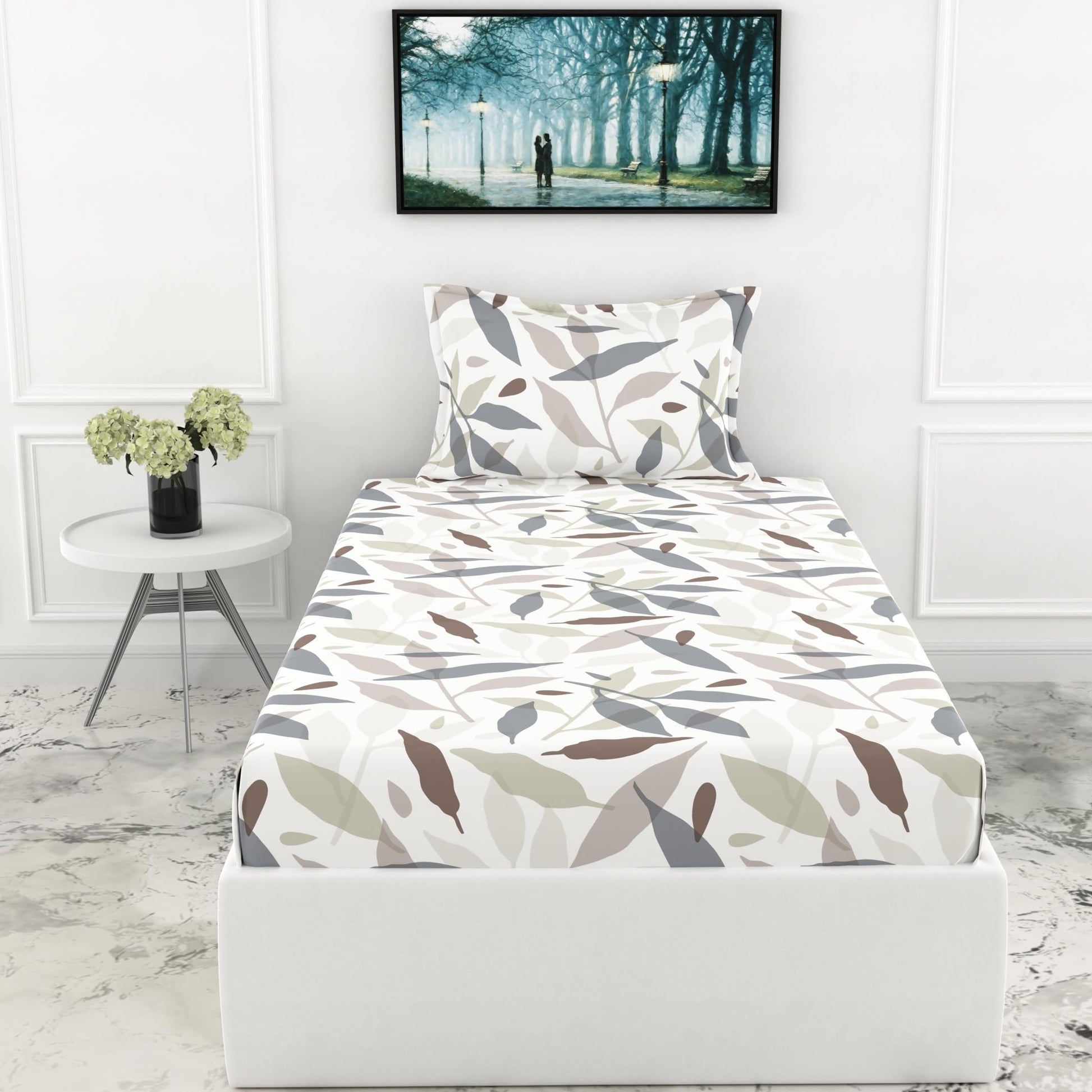 Grey Leaf Whisper Single Bedsheet - 210 TC 100% Cotton with 1 Pillow Cover (58 x 88 Inches)