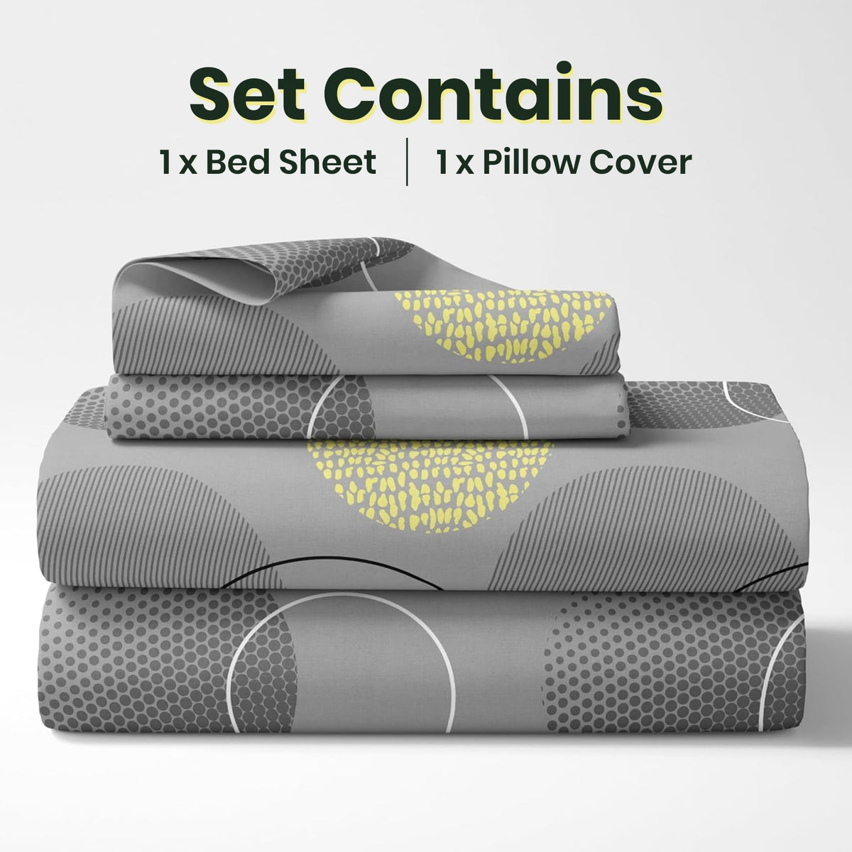 Lemon Yellow and Grey 100% Cotton Flat Single Bedsheet, 144 TC