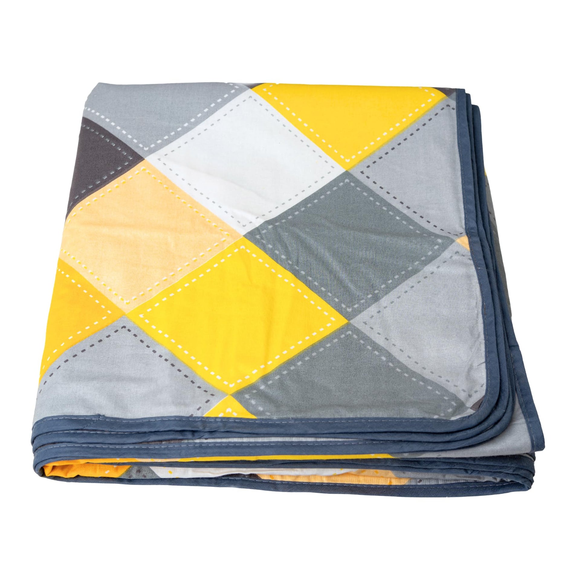 Lemon Yellow & Grey Checkered 100% Cotton Reversible Single Bed Blanket | Lightweight & Soft AC Dohar | Breathable for All Seasons | 54 x 84 Inches