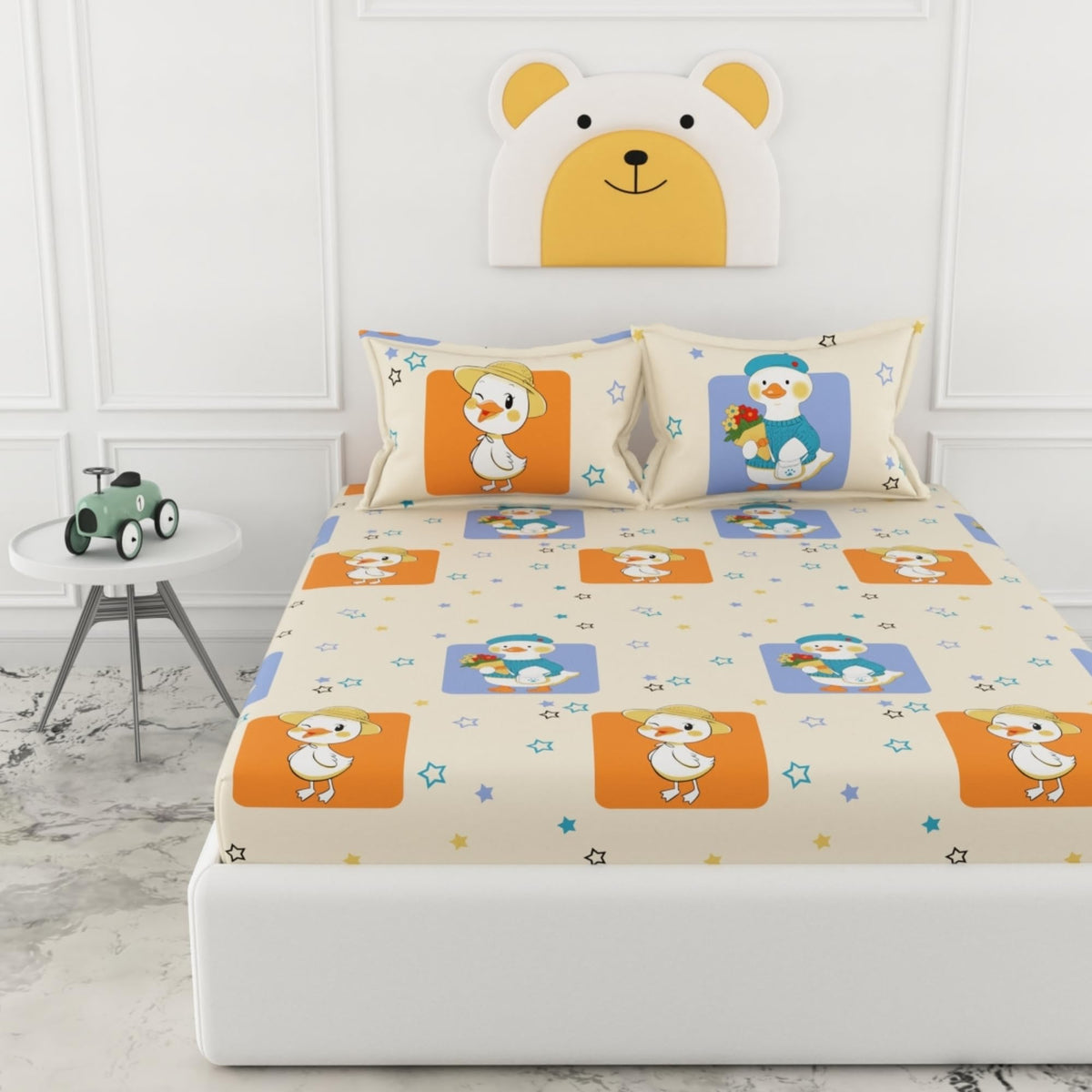 Loreto Playful Ducks Double Fitted Bedsheet | 186 TC | 100% Cotton | Fits 78 x 60 Inches | 8 Inch Pocket - main product image