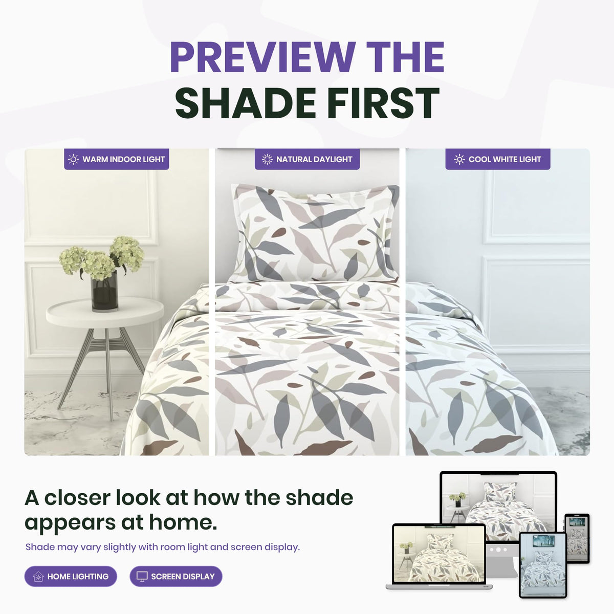 Grey Leaf Whisper Single Bedsheet - 210 TC 100% Cotton with 1 Pillow Cover (58 x 88 Inches)