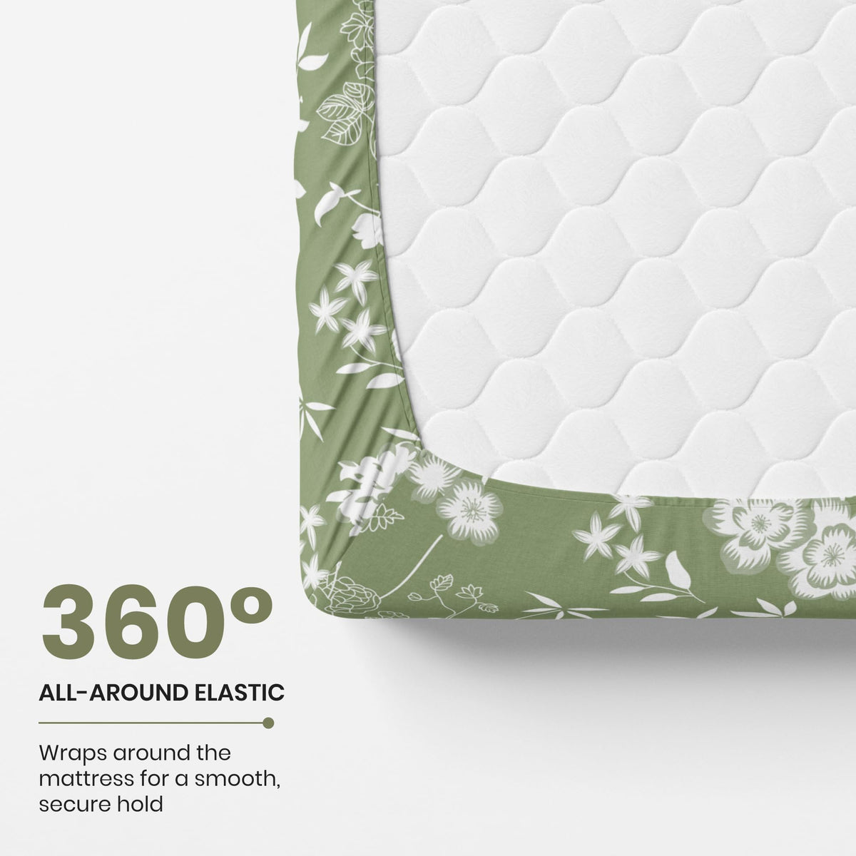 Green Floral Elegance 144 TC 100% Cotton Elastic Fitted Single Bedsheet with 1 Pillow Cover - 78 x 36 Inches